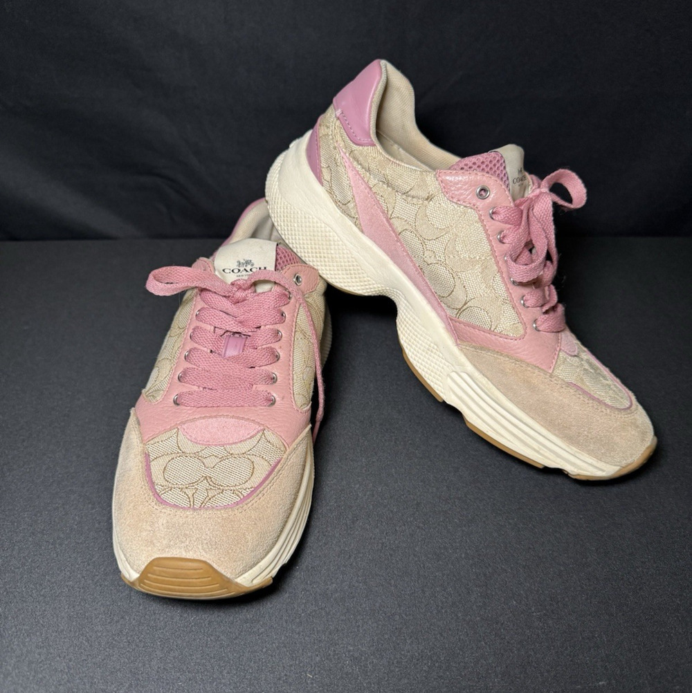 Coach Tech Runner Pink Leather Brown Suede Signature Monogram Canvas Womens 8.5